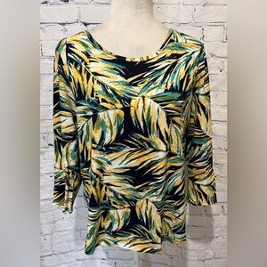 Chico's Women Blue Yellow Palm Leaf 3/4 Sleeve Back Zip Cotton Top Size 2/large